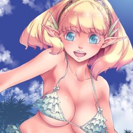bare_shoulders big_breasts bikini bikini_top blonde_hair blue_eyes blush breasts color elf elf_ears elf_female eyebrows_visible_through_hair female female_focus female_only frilled_bikini fringe hair_ornament hairband kekkon_yubiwa_monogatari looking_down maybe medium_hair nephrites_lomka official_art open_mouth pointy_ears revealing_swimsuit sky_background smile smiling swimsuit underboob upper_body viewed_from_below white_bikini white_swimsuit wide_hair