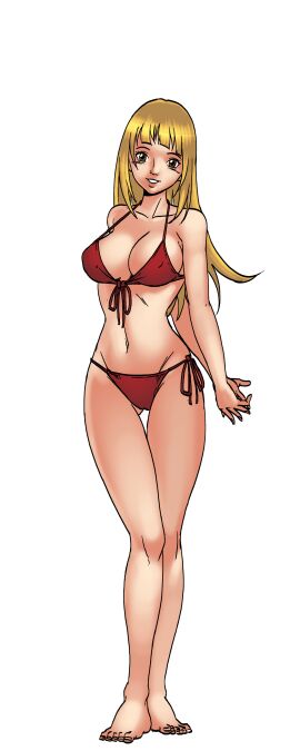 1girls arms_behind_back barefoot bikini blonde_hair breasts brown_eyes cleavage female front-tie_top full_body game green_eyes harem_heroes hentai_heroes hinata_hyuuga jennie_(harem_heroes) kinkoid large_breasts long_hair navel nutaku official_art parody presenting red_bikini side-tie_bikini_bottom simple_background smile solo standing swimsuit thigh_gap white_background