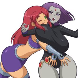 2girls ass big_breasts black_leotard boots breasts cartoon_network choker clothed clothed_female color colored dc dc_comics demon demon_girl female female_only footwear forehead_jewel grey_skin handwear leotard manyakis non-nude purple_boots purple_eyes purple_hair rachel_roth raven_(dc) short_purple_hair starfire superheroine tagme teen_titans thigh_boots transparent_background