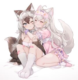 2girls :t ahoge animal_ear_fluff animal_ears bandaid bandaid_on_knee bandaid_on_leg bangs blush breasts brown_hair cheek-to-cheek cleavage closed_eyes closed_mouth collar cute cweamcat_(vtuber) dress eye_mask female foxplushy frills grey_eyes grey_hair hair_between_eyes hair_ornament heads_together high_heels hug jacket long_hair long_sleeves mask medium_breasts multicolored_hair multiple_females multiple_girls off_shoulder one_eye_closed pink_footwear puffy_short_sleeves puffy_sleeves quiss short_sleeves simple_background sitting sleep_mask smile socks tail virtual_youtuber white_background wholesome wolf_ears wolf_girl wolf_tail