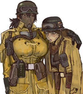 2girls ammo_pouch arm_around_neck arm_around_shoulders armageddon_steel_legion arms_around_neck arms_around_shoulders astra_militarum awe belt big_breasts breast_awe breast_envy breast_size_difference breasts breasts_bigger_than_head brown_hair brunette_hair cable cables coat envy female female_only gas_mask gloves goggles grenade guardswoman_(warhammer_40k) helmet imperial_guard imperium_of_man jealous mask masked military military_clothing military_hat military_uniform mossa mossacannibalis short_hair soldier soldier_uniform soldiers stare trench_coat trenchcoat tube tubes warhammer_(franchise) warhammer_40k yuri
