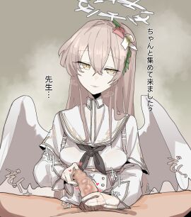 1boy 1girls angel_wings bangs bangs_over_one_eye black_bow black_ribbon blonde_hair blue_archive bow breasts censored_penis cute female finger_in_foreskin flower flower_hair_ornament flower_in_hair flowers_on_head foreskin foreskin_play hair_between_eyes hair_intakes halo hand_around_penis handjob holding_penis imminent_oral japanese_text leebongchun light-skinned_female light-skinned_male light_brown_hair light_skin long_hair male male_pov male_pubic_hair mosaic_censoring nagisa_(blue_archive) oral penis petite pubes pubic_hair ribbon sidelocks skindentation slim small_breasts small_penis solo tea_party_(blue_archive) teenager text tremble_spikes trembling trinity_general_school_student uncircumcised uncut veiny_penis white_halo white_sailor_collar white_wings wings yellow_eyes