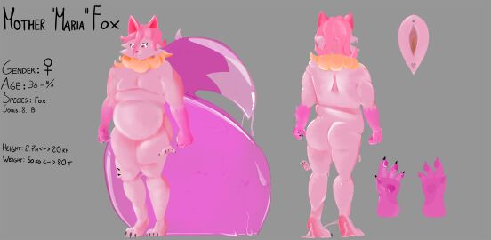 absurd_res amalgam anthro canid canine female fox goo_creature heart_symbol hi_res latex macro mammal multicolored_tail overweight overweight_anthro overweight_female pink_body reference_image reference_to_character smile tail vulva