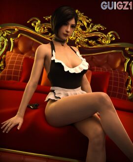 1girls 3d ada_wong asian asian_female big_breasts black_hair breasts capcom cleavage female guigz1 maid maid_uniform resident_evil solo