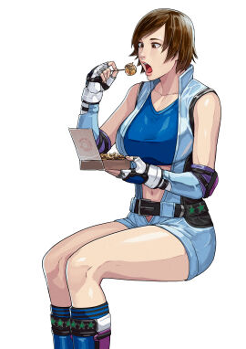 1girls alternate_breast_size asian asian_female big_breasts breasts brown_hair cirenk female female_only food fully_clothed hi_res japanese_female kazama_asuka large_breasts namco open_mouth sitting solo takoyaki tekken tomboy