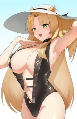 1girls aoi_mochio arknights breasts cleavage female hat hi_res hourglass_figure huge_breasts human human_female large_breasts light-skinned_female one-piece_swimsuit slim_waist swimsuit swire_(arknights) thick_thighs variant_set wide_hips