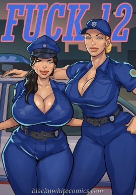 2023 2girls beauty_mark big_breasts blacknwhitecomics blonde_hair blue_eyes breasts brown_hair carol_stizak cleavage clothed clothing cover_page curvy dimples english_text female female_focus female_only fuck_12 latina looking_at_viewer lupe_sanchez police police_uniform policewoman thick_thighs top_heavy voluptuous watermark wide_hips yair
