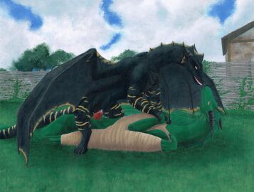 band-aid bandage bandage_on_chest black_body black_horn black_scales blue_flower bodily_fluids broken_wing building cloud detailed_background dragon duo entwined_tails female female_on_top female_penetrated fence feral flower frill_(anatomy) genital_fluids genitals gold_body grass green_body hand_holding hi_res horn interlocked_fingers korvarak lying male male/female male_on_bottom male_penetrating male_penetrating_female markings membrane_(anatomy) membranous_frill mythological_creature mythological_scalie mythology narymiryn on_back on_bottom on_top open_mouth outside penetration penile penile_penetration penis plant pussy red_penis ridged_horn ridged_penis rmmlusitania scales scalie sex smile striped_legs striped_markings striped_tail stripes tail tail_coil tail_markings teeth the_dragon_in_the_dungeon tree vaginal_penetration vulva wings yellow_eyes