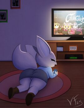 absurd_res aggretsuko anthro ass barely_visible_genitalia barely_visible_vulva big_butt big_ears big_head black_eyes blue_clothing blue_shirt blue_topwear boots bottomwear brown_body brown_boots brown_clothing brown_footwear brown_fur canid canine cellphone circle_rug clothed clothing concert dark_room electronics entertainment_center facing_away_from_viewer female fennec_fox fenneko floor fluffy fluffy_tail footwear fox framed_picture fur game_console gamecube genitals glowing grey_bottomwear grey_clothing grey_ears grey_skirt grey_wall hard_shadows hi_res looking_at_viewer looking_back lying mammal narrowed_eyes nintendo no_underwear on_front open_mouth otmgirls performance phone phone_screen presenting raised_tail retsuko rug sanrio screen shaded shadow shirt shoes short_stack skirt smartphone smile smiling_at_viewer smirk soft_shading solo squint squinted_eyes tail tan_body tan_fur teasing teasing_viewer television texting topwear true_fox tv_glow upskirt vancefluff vcr visible_pussy vulva white_ears wood wood_floor