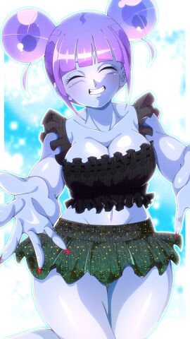 :) arms_out bangs big_breasts black_shirt blue_body blue_skin breasts cleavage closed_eyes clothes curvy double_bun dragon_ball dragon_ball_heroes dragon_ball_super dragon_ball_z female glass_tribe glitter hourglass_figure long_nails navel painted_nails red_nails ruffles short_skirt sidelocks skirt smile standing twin_buns vidro wholesome yuu_(user_42203113)