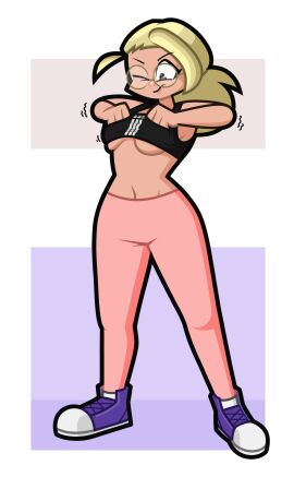 black_eyes boob breasts clothed female glasses hammerspace hidden_buxom jinnsart motion_lines one_eye_closed original_character pac-man_eyes ponytail removing_shirt round_glasses simple_background solo standing under