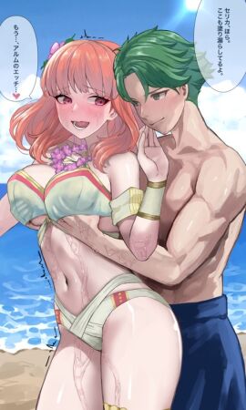 1boy 1girls albein_alm_rudolf_ii alm_(fire_emblem) anthiese_lima athletic athletic_female athletic_male beach biceps blue_shorts blue_swimsuit blush breasts canon_couple celica_(fire_emblem) couple embarrassed female fire_emblem fire_emblem_echoes:_shadows_of_valentia fire_emblem_heroes flower_in_hair flower_necklace flowers fondling fondling_breast gold_accents green_eyes green_hair groping groping_breasts groping_from_behind hair_ornament hands_on_breasts hands_under_breasts hands_under_clothes intelligent_systems japanese_text male muscular muscular_male nintendo oic_oco orange_hair pocari66 pussy red_eyes shuddering summer surprise surprised surprised_expression sweat swimsuit swimwear thigh_strap translation_request wet wet_body wet_pussy white_bikini white_skin