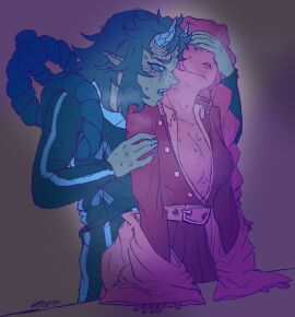 1boy 1girls aizetsu cleavage cleavage_cutout covering_eyes demon demon_boy demon_horns demon_humanoid demon_slayer dominant dominant_male domination female female_focus foreplay hantengu horny horny_female horny_male japanese japanese_clothes japanese_clothing japanese_female japanese_male kanroji_mitsuri kimetsu_no_yaiba limited_palette long-haired_female long-haired_male long_bangs long_hair male male_focus male_penetrating muscles muscular muscular_female muscular_male pointy_ears sharp_teeth shleem342_(artist) sketch submissive submissive_female submissive_male suggestive suggestive_posing sweat sweatdrop sweating upper_moon