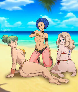 3girls american_flag_bikini ass beach blue_hair bracelet breasts bubble_ass bubble_butt closed_eyes covering_breasts crossover diva_shaliqua female floonasif girls_und_panzer green_hair harem harem_girl harem_outfit harem_pants kay_(girls_und_panzer) kneeling minna_star_wars ponytail seaside slave slave_collar slave_girl slave_outfit star_wars theelin topless