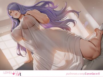 ai_generated big breasts camilla_(fire_emblem) depth_of_field fire_emblem happy lovelacea naked_sheet nude purple_hair see-through_clothing uncensored