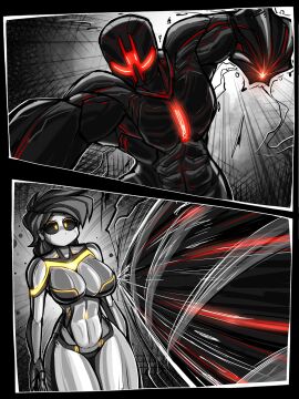... between_breasts breaking breasts comic_page confused digital_drawing_(artwork) digital_media_(artwork) drill female femdom fight gray_background grey_skin kicking kyurby_(zzzhodazzz) male manga_page oc red_light robot robot_girl robot_male strong_female yellow_eyes yellow_light zzzhodazzz