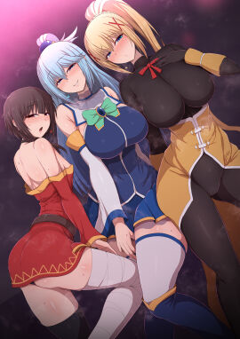 3girls aqua_(konosuba) ass bare_shoulders black_pantyhose blonde_hair blue_eyes blue_high_heel_boots blush breasts brown_hair cleavage darkness_(konosuba) female female_only footwear goddess hair_between_eyes kono_subarashii_sekai_ni_shukufuku_wo! large_breasts long_hair long_sleeves looking_at_viewer megumin miniskirt multiple_females multiple_girls open_mouth ponpo ponytail red_eyes sleeves_past_elbows small_breasts sweat white_legwear white_sleeves white_stockings