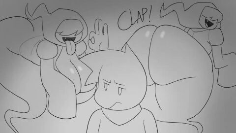 1boy 1girls 2024 animated ass big_ass big_breasts bottomless breasts breasts_bigger_than_head bubble_butt clap clapping_cheeks cleavage curvy curvy_female emmi_(sewerseraph) fangs female ghost ghost_girl golde_(golde) goldeneyensfw grey_background hair_over_eyes hand_gesture haunted hood huge_ass huge_breasts long_sleeves looking_at_another looking_back loop male multiple_views musi_cassie open_mouth sewerseraph shiny_skin sound tagme thick_thighs thighs tongue_out twerking video