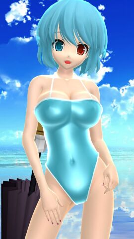 1girls 2023 3d beach belly_button blue_sky breasts cleavage clouds female hati_yukkuri_mmd heterochromia kogasa_tatara light-skinned_female light_skin looking_at_viewer mmd open_mouth outdoors short-haired_female sky solo_female solo_focus swimsuit touhou tsukumogami turquoise_hair turquoise_swimsuit umbrella undefined_fantastic_object waist water youkai