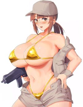 1girls big_breasts bikini blush breasts brown_eyes brown_hair cap curvy_figure female fio_germi glasses gun huge_breasts human human_female jacket looking_at_viewer madsensei medium_sized_female metal_slug military military_girl ponytail short_shorts shorts smile smiling_at_viewer soldier soldier_female solo weapon white_background