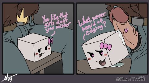 2024 2_panel_comic :3 accessory belt block blue_bottomwear blue_clothing blue_jeans blue_pants blush blush_lines bodily_fluids bottomwear bow_ribbon brown_belt brown_clothing bulge bulge_rubbing chair clothing cube cute_fangs denim denim_bottomwear denim_clothing dialogue duo edging english_text erection eyelashes faceless_character faceless_human faceless_male female furniture genital_fluids genitals glans hair_accessory hair_ribbon hairbow heart_eyes heart_symbol hi_res human humanoid_genitalia humanoid_penis jeans klaytitan larger_human larger_male leaking_precum male mammal on_chair open_mouth open_smile pants penis pink_blush pink_bow pink_heart pink_text precum precum_on_body red_glans ribbons seductive sexy_cube sitting sitting_on_chair size_difference smaller_female smile square_(anatomy) tan_penis teasing text tongue unzipped unzipped_pants vein veiny_penis zipper