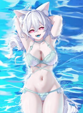 1girls 2d 2d_(artwork) alternate_costume animal_ears arms_behind_head belly_button big_breasts bikini bikini_bottom bikini_top blue_tongue bra breasts cleavage day female female_focus female_only front_view ghost_girl high_resolution highres latam_virtual_youtuber light-skinned_female light_skin long_hair looking_at_viewer lying lying_on_water manasenshou navel ocean pale-skinned_female pale_skin pink_eyes pookyboo revealing_clothes slim_female smiling smiling_at_viewer solo solo_female solo_focus summer swimsuit thong thong_bikini two_piece_swimsuit virtual_youtuber vtuber vtuberfanart water white_bikini white_bikini_bottom white_bikini_top white_hair white_swimsuit young younger_female
