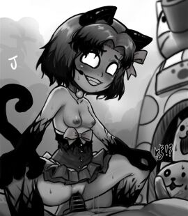 black_hair black_skirt black_tail cat_(battle_cats) cat_girl censored censored_penis crazed_moneko crazed_moneko_(the_battle_cats) female japanese_text male neko nyanko_daisensou penis pussy tank_cat the_battle_cats vaginal_penetration