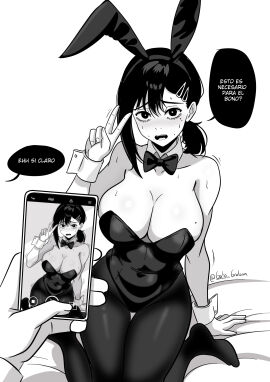 1girls asian bare_shoulders bed blush breasts bunny_ears bunnysuit chainsaw_man female gato_gratam hairclip higashiyama_kobeni holding_object japanese kneeling mole mole_on_breast mole_under_eye monochrome peace_sign phone ponytail short_hair spanish_text sweat