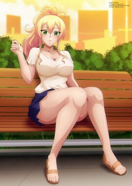 1girls absurdres bench blonde_hair blue_skirt blush breasts brown_footwear building bush city cityscape cleavage cloud collarbone female green_eyes gyaru hajimete_no_gal highres large_breasts long_hair looking_at_viewer ponytail sandals shirt short_sleeves sitting skirt sky skyscraper smile white_shirt yame_yukana yellow_sky zel-sama