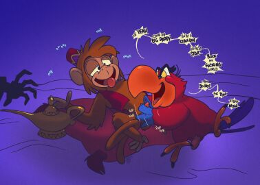 abu_(aladdin) argon_vile avian balls beak bird bodily_fluids brown_body brown_fur claws clothing cum disney disney's_aladdin duo english_text erection feathers feet fez fur genital_fluids genitals handjob haplorhine hat headgear headwear hi_res iago_(disney) lamp looking_pleasured lying male male/male mammal monkey on_back parrot penile penis pillow primate red_body red_feathers sex smile talons text thief toes tongue tongue_out topwear vest wingjob wings