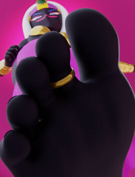 2020s 2022 5_toes 80lines alien_girl barefoot black_skin black_toenails duck_dodgers egyptian_clothes feet female female_only foot_fetish foot_focus giant_female giantess gold_bikini looking_down looming looming_foot low-angle_view queen_tyr'ahnee sole_focus toe_ring white_hair