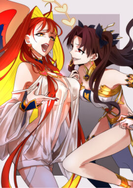 2girls ahoge anklet aphrodite_(fate) aphrodite_(fate/grand_order) bare_shoulders blonde_hair breasts brown_hair catfight colored_inner_hair commentary earrings eye_contact fate/grand_order fate_(series) female hair_intakes heart heart_earrings highres hoop_earrings ishtar_(fate) jewelry karasaki large_breasts lipstick looking_at_another makeup medium_breasts multicolored_hair multiple_females multiple_girls nail_polish open_mouth orange_hair orange_nails power_connection red_eyes red_lips red_nails revealing_clothes rivalry single_thighhigh smile smug staredown teeth thighhighs tongue trait_connection two-tone_hair wings yellow_eyes