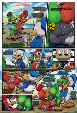 absurd_res anal anal_sex anatid anseriform anthro anus ass avian balls beach beak_in_ass bird blush bodily_fluids bubble_ass bubble_butt chicken clothed clothing comic disney donald_duck duck english_text galliform gallus_(genus) genital_fluids genitals gift_bow group hat headgear headwear hi_res jose_carioca lying male male/male musk musky_balls musky_cock on_back on_ground oral panchito_pistoles parrot partially_clothed penetration penis phasianid portuguese_text precum presenting presenting_penis rimming sex shirt spanish_text speedo sweat sweatdrop sweaty_ass sweaty_butt swimwear tapering_penis text the_three_caballeros topwear trio v3rg3
