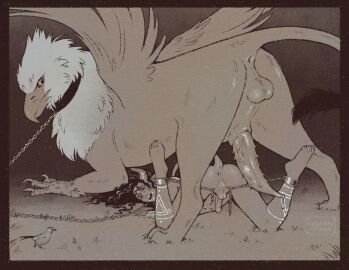 5_toes anus avian backsack balls ballsack beak biped chains claws feet feral fur genitals group gryphon hair hi_res hulder humanoid humanoid_on_feral male male/male mythological_avian mythological_creature mythology paws quadruped tail toes trio wings zoophilia