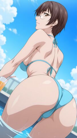 1girls ai_generated arm_support ass back_view bangs bent_over bible_black bible_black_only bikini bikini_bottom bikini_top breasts brown_eyes brown_hair cup curvaceous curvy curvy_figure dat_ass drink dutch_angle eyewear female from_behind glasses grabbing_own_breast legs_together long_legs looking_at_viewer looking_back low-angle_view megane nonogusa_miyuki orange_juice outdoors partially_submerged perky_breasts petite pool poolside presenting presenting_ass presenting_hindquarters round_ass short_hair showing showing_ass sideboob smile standing straw swimming_pool swimsuit teen teenage_girl teenager thighs thin_waist viewed_from_behind w0011153 water