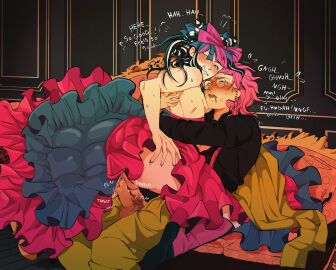 black_hair blush condom cosmo_(unifycurlyfry) danganronpa danganronpa_2:_goodbye_despair dress dress_lift female glasses kazuichi_souda labia male mioda_ibuki moaning penetration penis penis_in_pussy pink_hair pussy riding sex shirt_open smile souda_kazuichi straight suit thighs wholesome