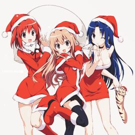 3girls animated blue_hair boots cleavage female multiple_girls red_hair santa_hat skirt thighhighs