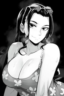 1girls bare_shoulders big_breasts black_hair blush breasts breath camisole cleavage collarbone eyewear_on_head female female_only floral_print foonie_xd funi_xd greyscale highres huge_breasts large_breasts long_hair looking_at_viewer monochrome nico_robin official_alternate_costume one_piece post-timeskip punk_hazard smile steam sunglasses sunglasses_on_head sweat