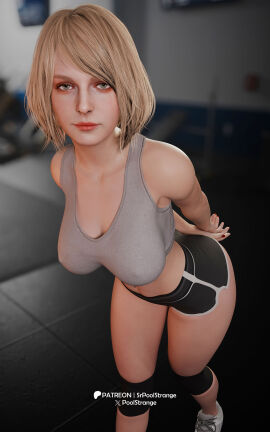 1girls 3d ashley_graham ashley_graham_(ella_freya) blonde_hair breasts busty dolphin_shorts erect_nipples female female_focus female_only hi_res hourglass_figure human knee_pads light-skinned_female light_skin looking_at_viewer medium_hair navel_piercing nipple_bulge nipples resident_evil resident_evil_4 resident_evil_4_remake shoes shorts sneakers solo sportswear srpoolstrange straight_hair thighs wide_hips