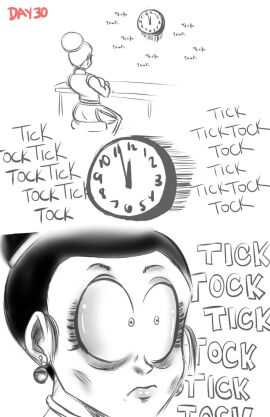 1girls 2d chichi chichi_(majin_buu_saga) clock dragon_ball dragon_ball_super extremely_horny female fully_clothed funsexydragonball monochrome no_nut_november no_penetration short_hair text uncolored wide_eyed