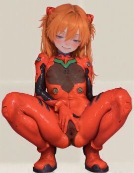 ai_art ai_generated aroused blue_eyes blush color_connection color_contrast covered_nipples covered_pussy female half-closed_eyes mesugaki neon_genesis_evangelion orange_hair plugsuit red_bodysuit rinka5693 see-through_clothes simple_background small_breasts smug solo souryuu_asuka_langley spread_pussy_under_clothes spreading_own_pussy squatting