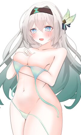 1girls breasts clothes_falling_off exposed_breasts firefly_(honkai:_star_rail) honkai:_star_rail hoyoverse lingerie mihoyo multicolored_eyes multicolored_hair navel white_lingerie