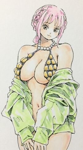 bare_legs bare_shoulders bikini_armor black_eyes braid braided_ponytail breasts cleavage female female_only highres jacket large_breasts long_hair looking_at_viewer navel one_piece open_clothes open_jacket pink-haired_female pink_hair puipui rebecca_(one_piece) revealing_clothes shiny_skin single_braid smile standing traditional_media unworn_jacket very_long_hair