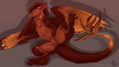 anus artist_logo black_claws brown_body brown_fur brown_pawpads cinnamon_(avelos) claws dragon female feral fur furred_dragon furred_scalie genitals hi_res kuribon logo looking_at_viewer mythological_creature mythological_scalie mythology pawpads pink_anus pink_pussy presenting presenting_pussy pussy scalie solo