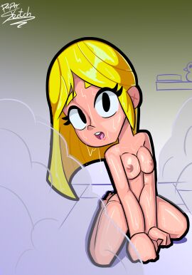 1girls bath bathing blonde_female blonde_hair brawl_stars breast_squeeze breasts breasts_out color commissions_open female female_only hands_covering_pussy light-skinned_female light_skin looking_at_viewer nipples nude nude_female on_knees on_model open_mouth papersketch piper_(brawl_stars) pussy simple_background solo solo_female solo_focus steam supercell wet wet_body wet_hair