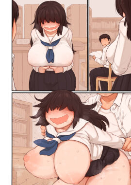 1boy 1girls asking_for_it asking_for_sex big_breasts blush breasts breasts_out clothed clothing drooling eyeless female femsub hair_over_eyes haru_no_manji library looking_pleasured loving_it male nipple_bulge nipples nipples_visible_through_clothing original original_character prison_guard_position sailor_collar school_uniform sex sex_from_behind skirt skirt_up submissive submissive_female tagme