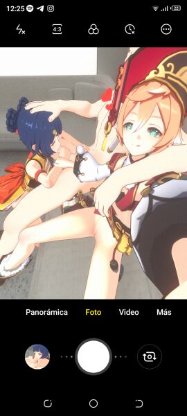 1boy 2girls 3d blowjob blue_hair breasts camera_pov completely_nude couch fellatio female ffm_threesome genshin_impact grabbing_head green_eyes heart holding_penis horny kneeling male nude oral_sex orange_eyes penis petite photo pussy selfie sex small_breasts smile sucking_penis thighs threesome xiangling_(genshin_impact) yanfei_(genshin_impact)