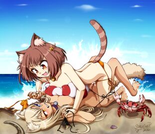 2021 2girls :d all_fours anger_vein angry animal_ear_fluff animal_ears artist_name asymmetrical_docking azuki_(sayori) back ball_(object) barefoot beach beachball bell bikini black_bikini black_nails blonde_hair blue_eyes blue_sky blush breast_press breasts brown_eyes brown_hair cat_ears cat_girl cat_hair_ornament cat_tail catfight choker cleavage clenched_teeth clothes_theft coconut_(sayori) commentary_request commission cowgirl_position crab dark-skinned_female dark_skin dated day eye_contact fangs feet female female/female female_on_female female_only fighting full_body hair_between_eyes hair_ornament hair_spread_out heterochromia holding_hands interlocked_fingers jingle_bell knees_up large_breasts long_hair looking_at_another lying medium_hair multiple_females multiple_girls nail_polish neck_bell nekopara ocean on_back open_mouth orange_bikini orange_nails outdoors purple_choker red_choker sayori side-tie_bikini_bottom sidelocks sky slit_pupils smile smug stalkingp straight_hair swimsuit swimsuit_theft tail tail_raised teeth theft tiptoes toenail_polish toenails toes topless tsurime two_side_up unworn_bikini_top v-shaped_eyebrows waves yellow_eyes yuri