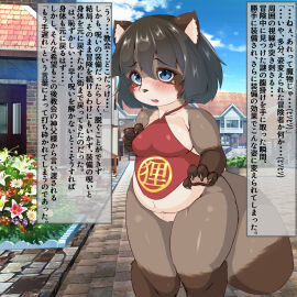 1:1 2022 anthro blue_eyes blush bodily_fluids building canid canine claws clothing cloud conohacoconoka day dipstick_tail female gloves_(marking) hair hi_res house implied_transformation japanese_text leg_markings mammal markings open_mouth outside raccoon_dog red_clothing short_hair socks_(marking) solo tail tail_markings tanuki tears text transformation