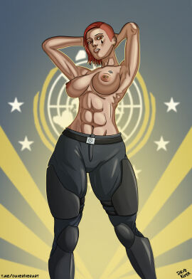 1girls abs big_breasts breasts dave_river female hands_up helldiver_(helldivers) helldivers helldivers_2 nipple_piercing nipples piercing red_hair self_upload topless topless_female